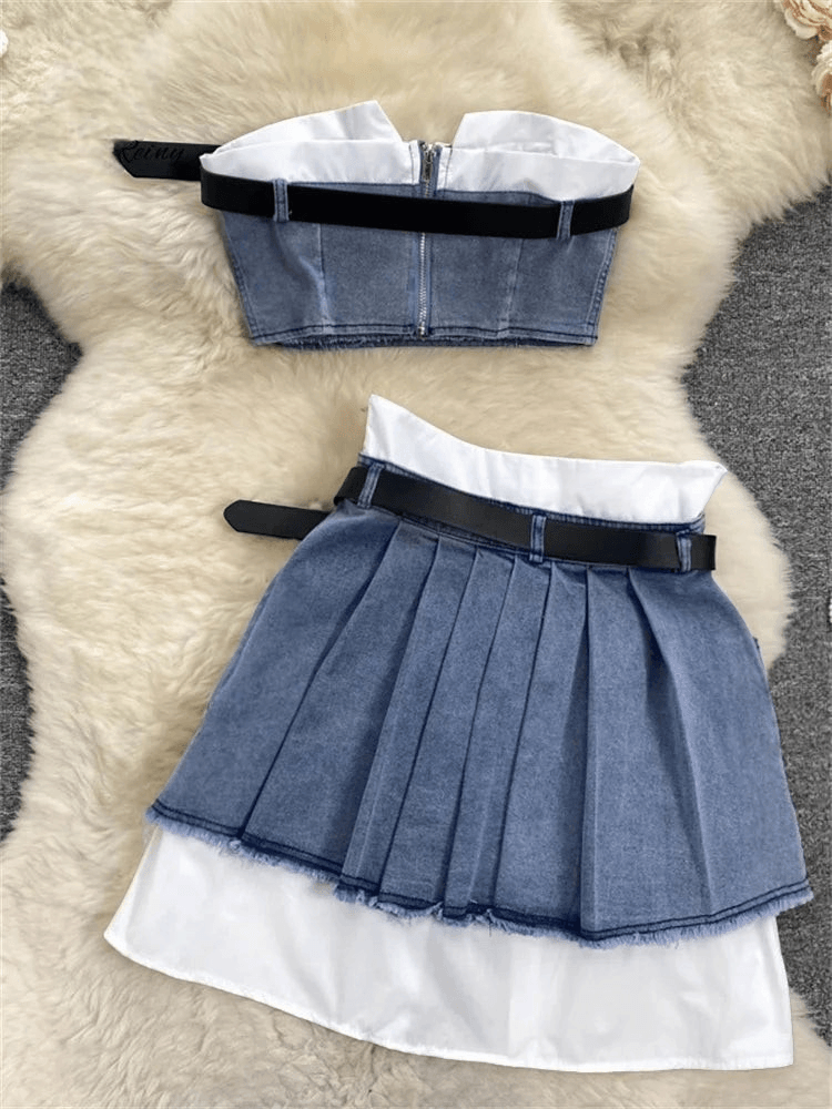 Vintage Denim Strapless Top + Pleated Mini Skirt Set - ANNAJEVOLI