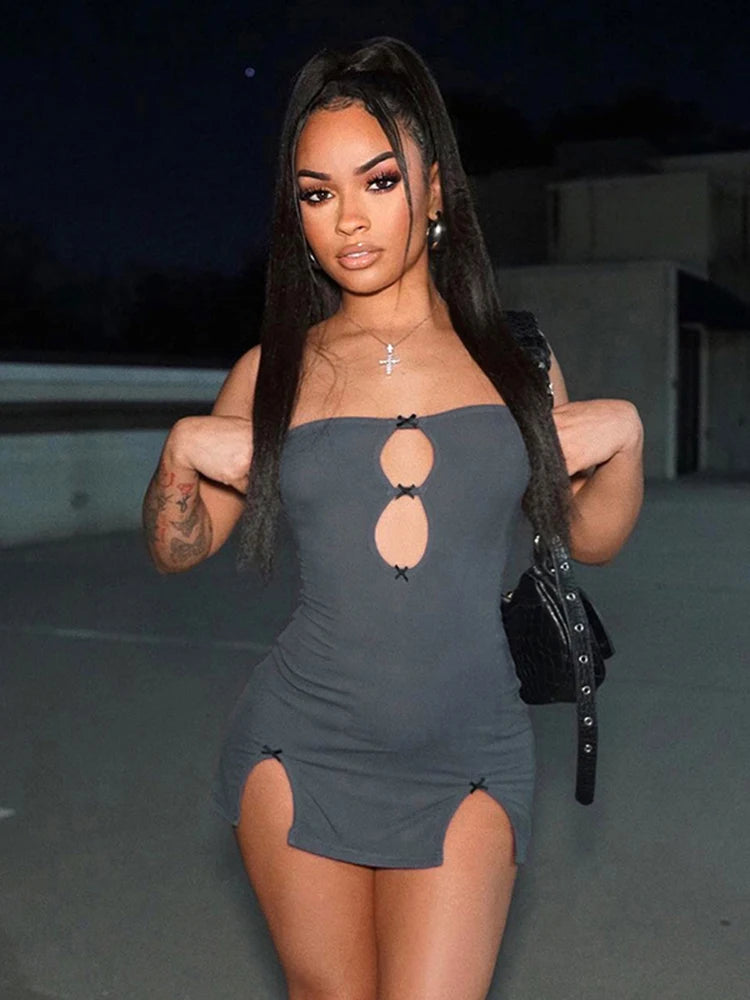 Bow Appliques Bandeau Mini Dress.