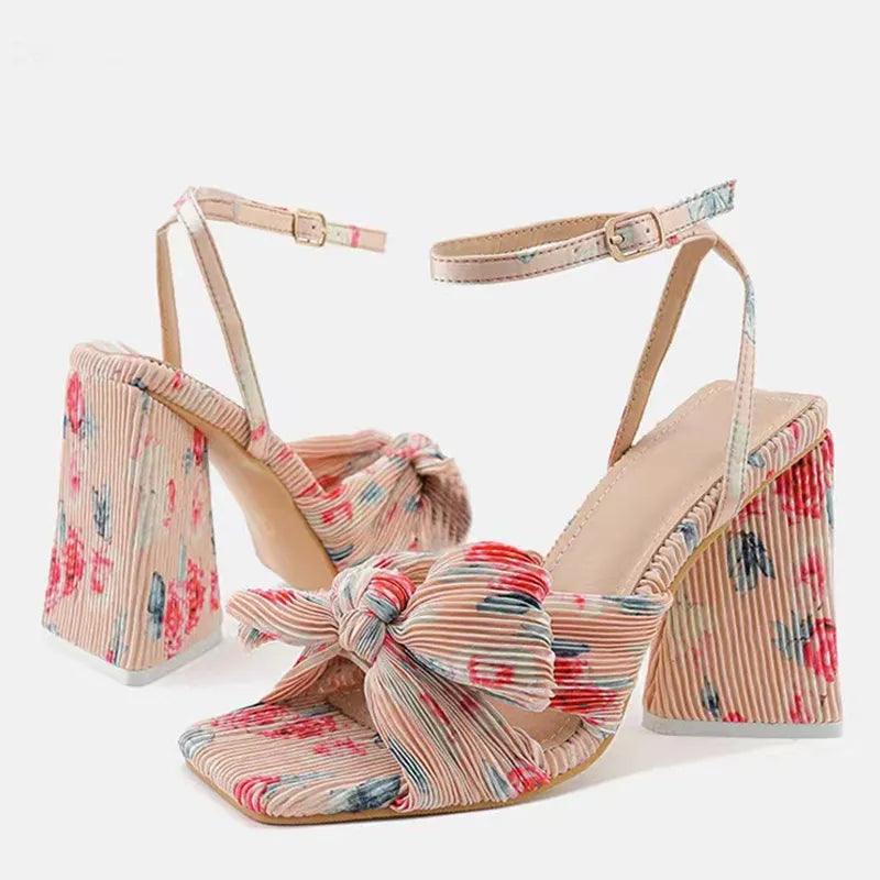 Pleated Butterfly-Knot Peep Chunky Heels - ANNAJEVOLI