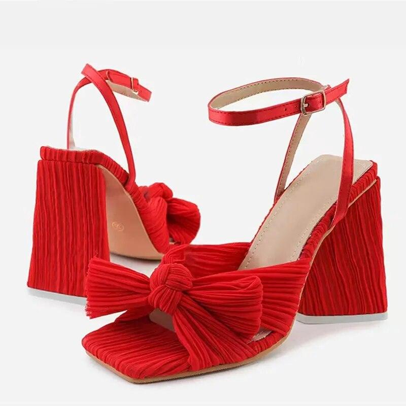 Pleated Butterfly-Knot Peep Chunky Heels - ANNAJEVOLI