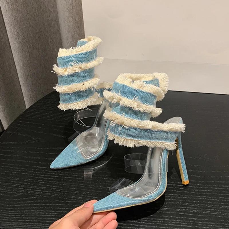 Denim Ankle Strap Transparent PVC Heels - ANNAJEVOLI