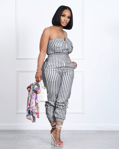 Women's Casual Striped Print Split Strapless Jumpsuits.