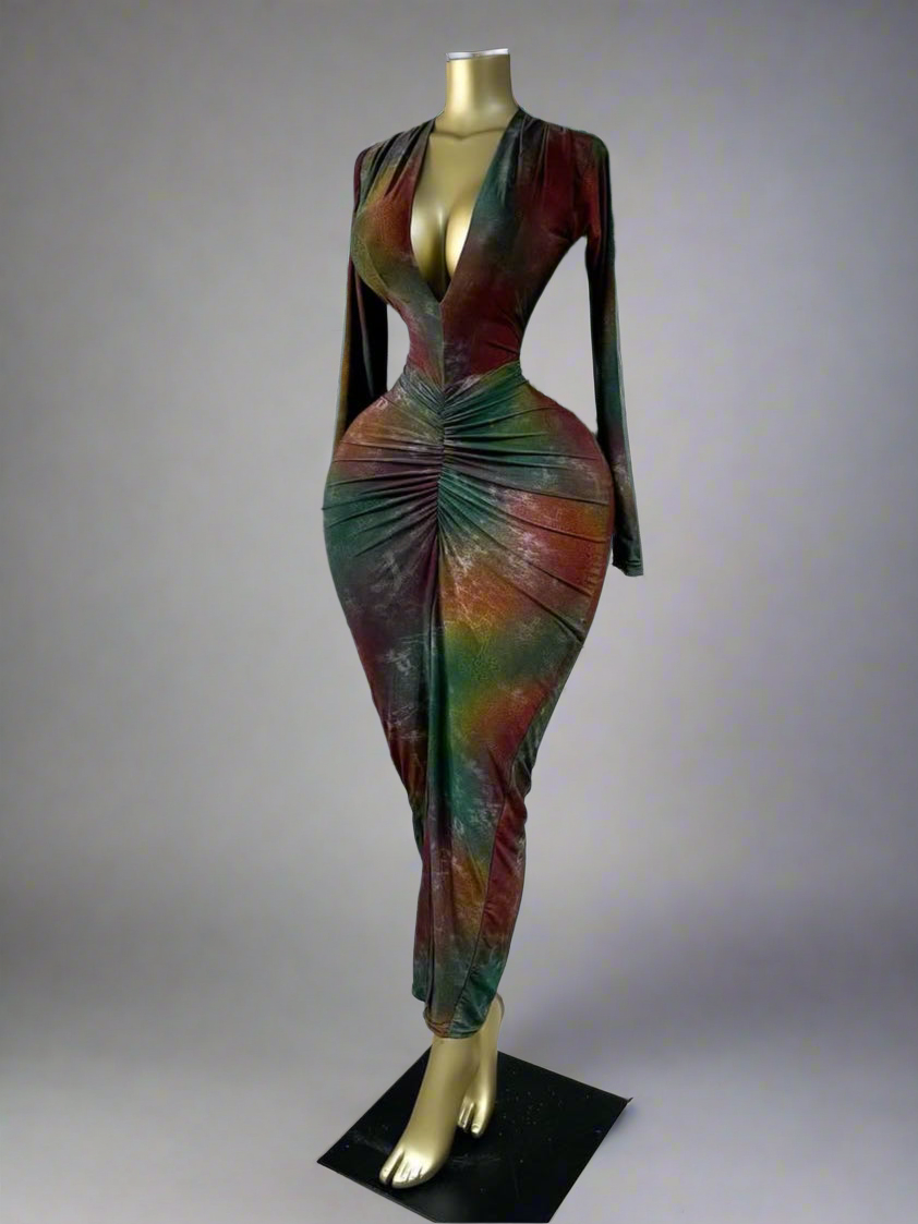 Tie Dye Ruched Longsleeve Maxi Dress