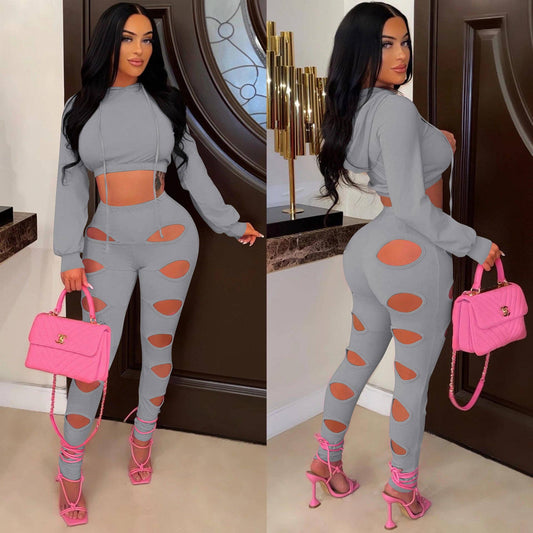 Sexy Hollow Sweatpants and Crop Top Hoodie