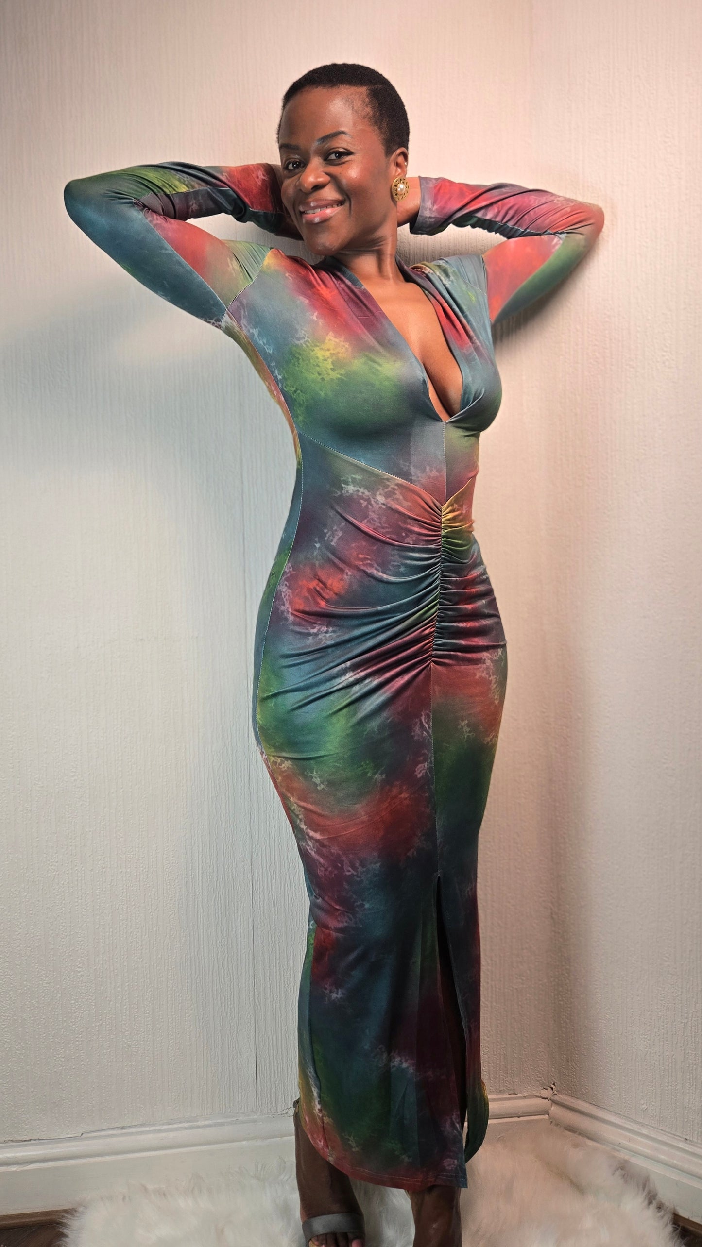 Tie Dye Ruched Longsleeve Maxi Dress