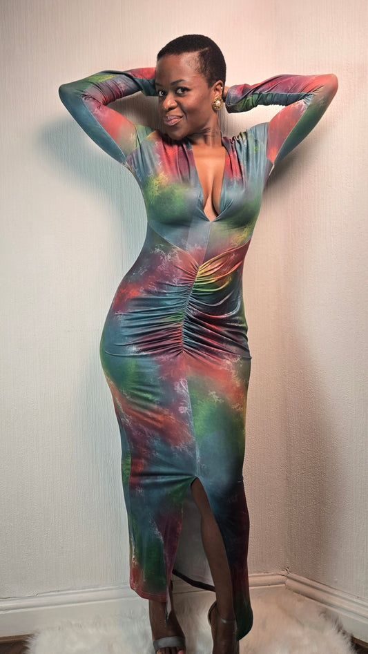 Tie Dye Ruched Longsleeve Maxi Dress