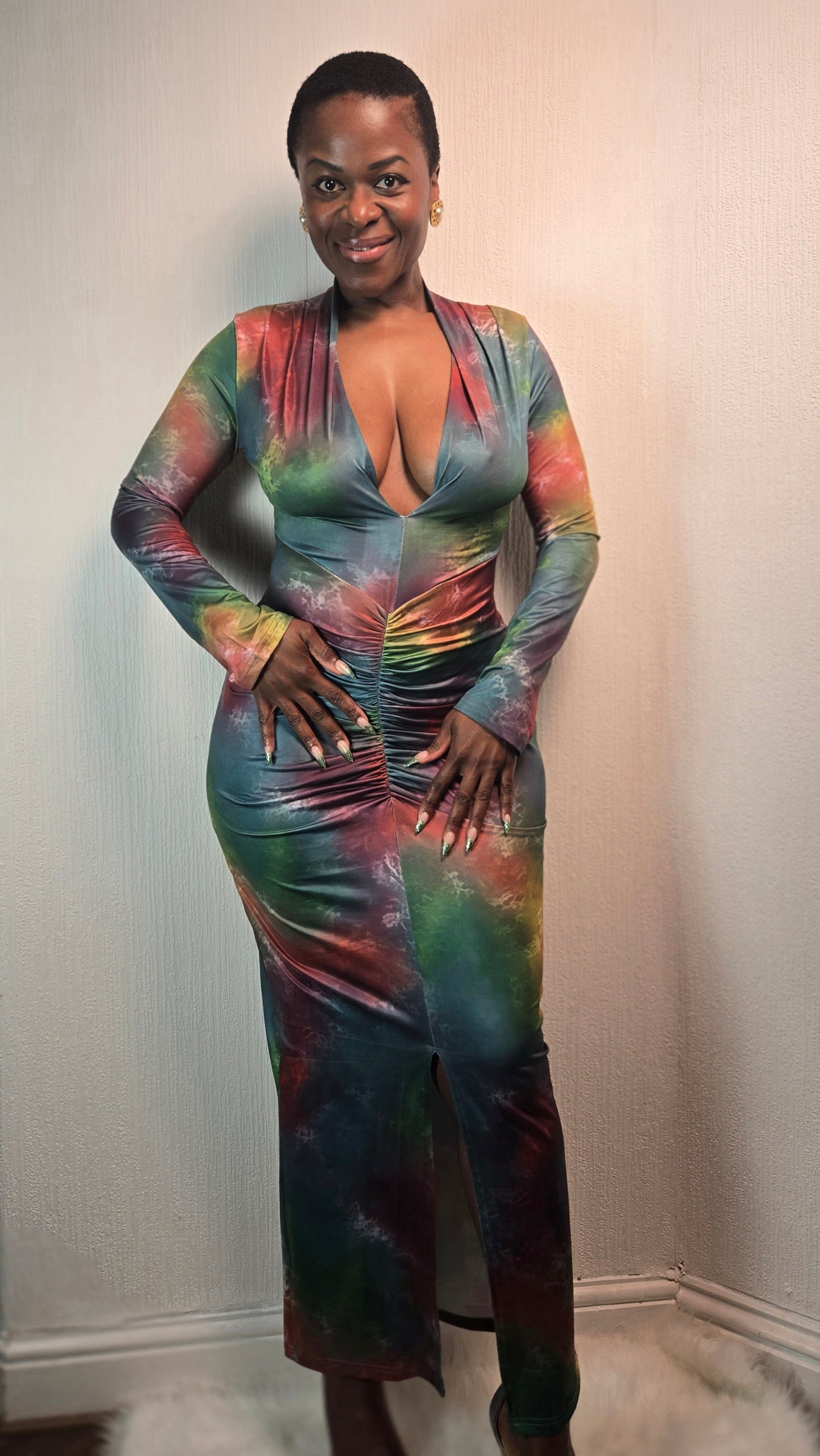 Tie Dye Ruched Longsleeve Maxi Dress